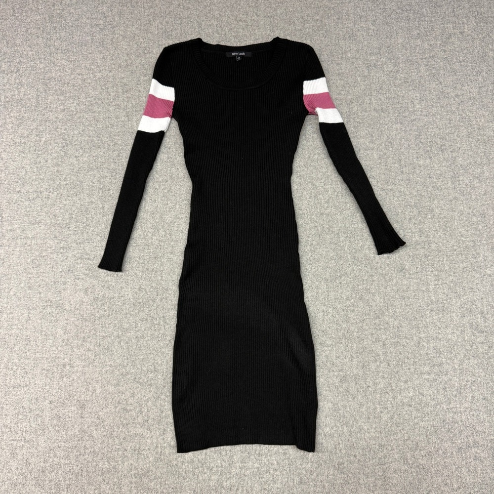 New Look Bodycon Dress S Black Ribbed Knit Long Sleeve Pink White Striped Arm